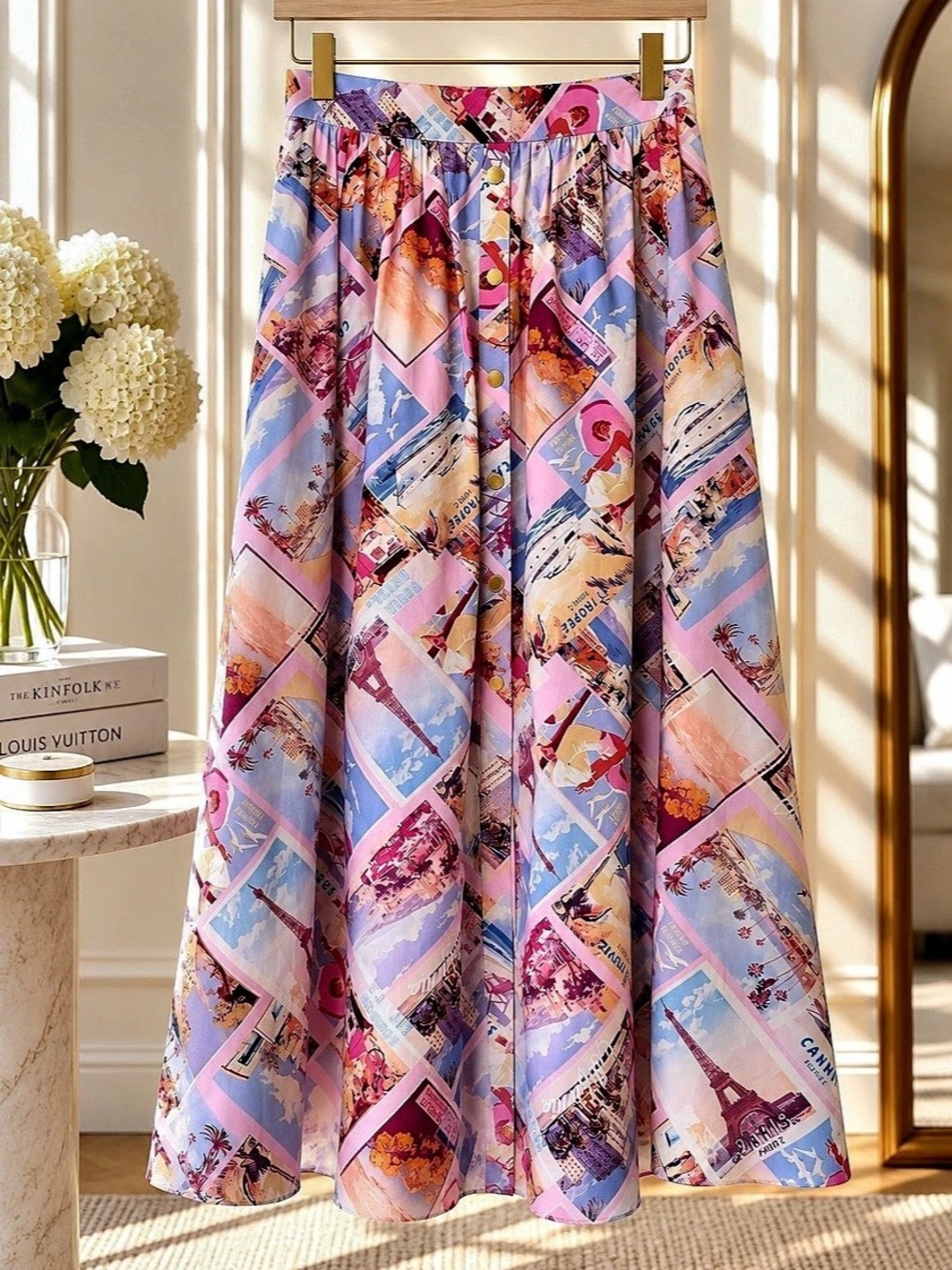 L'AGENCE Seina Poplin Midi Skirt Pink & Blue Size 4